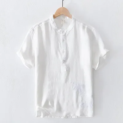 National Men's Embroidered Breathable Solid Color Short Sleeve White - Shop at LoveMi