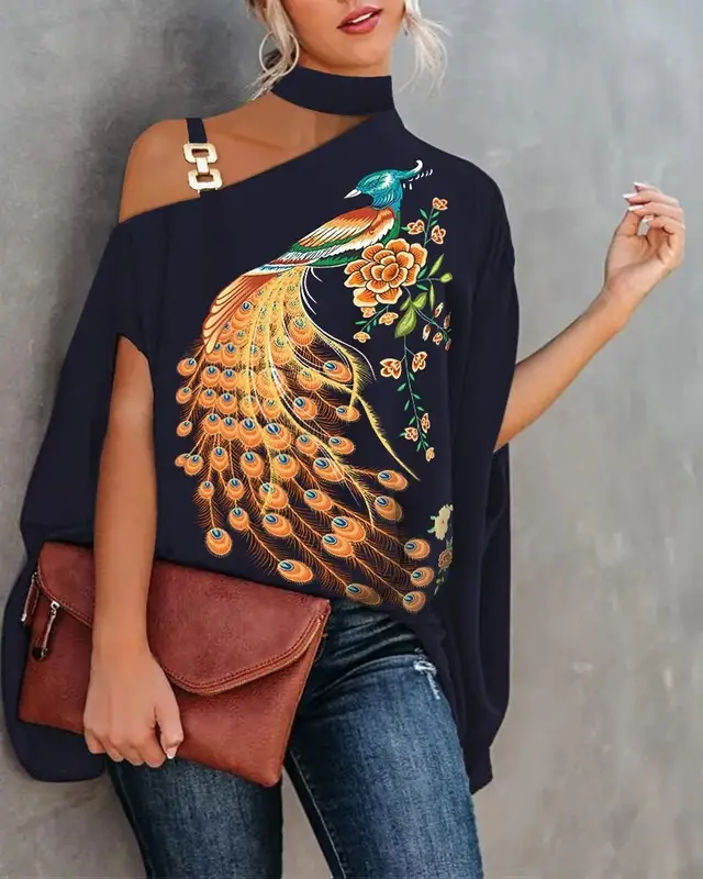 Wear Halter Shawl Printed Elegant Short Sleeve Bat Shirt Peacock Printings - Shop at LoveMi