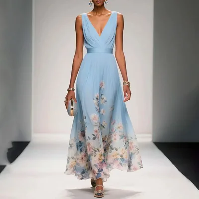 Sexy Vest Chiffon Printed Dress Blue - Shop at LoveMi