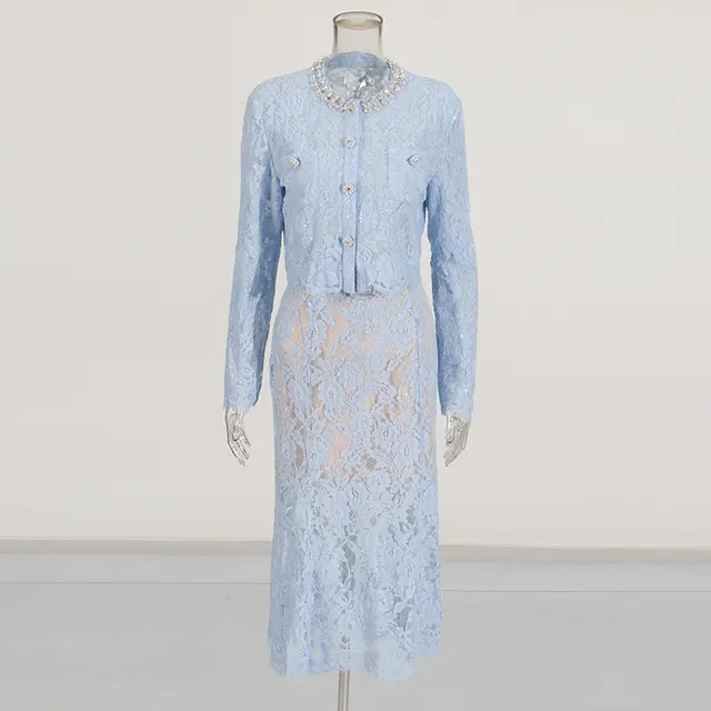 Round Neck Diamond Lace Embroidered Top High Waist Skirt Suit Blue - Shop at LoveMi