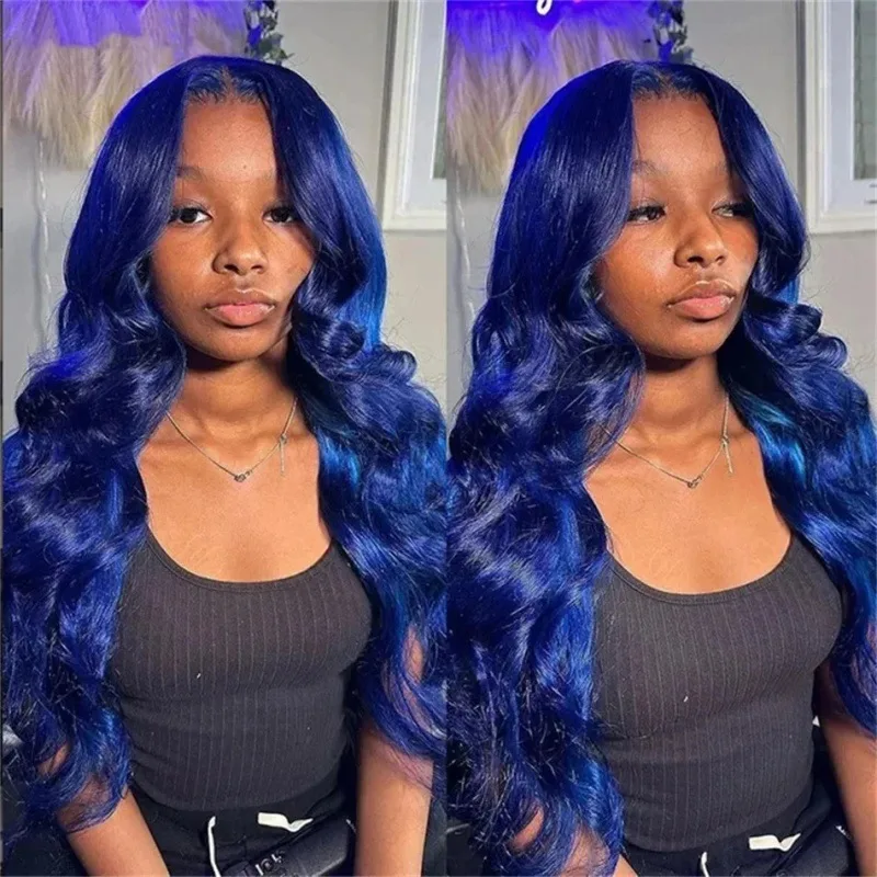 Wig Women's Mid length Dark Blue Big Wavy Curly Hair Front Lace Hair Cover 16 Inches - Shop at LoveMi