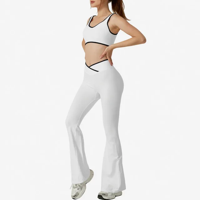 Contrast Color Round Neck Shoulder Strap Yoga Bra Bell bottom Pants Suit White - Shop at LoveMi