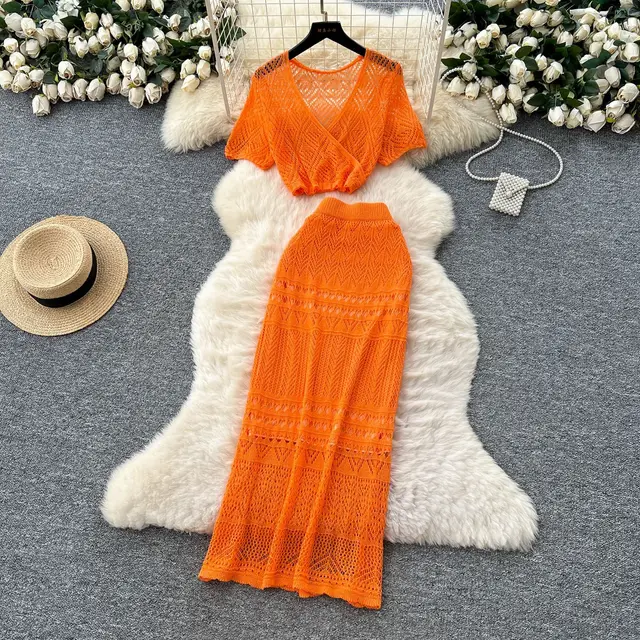 Knitted Top High Waist Sheath Skirt Orange Red - Shop at LoveMi