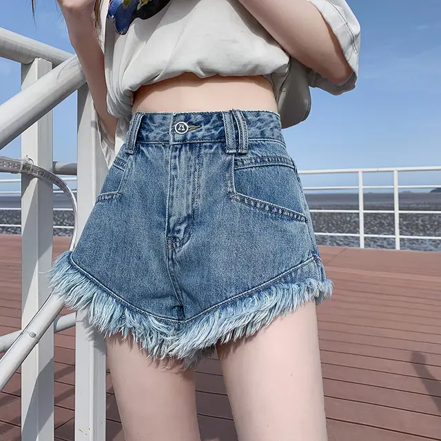 High Waist Denim Shorts Women's Summer Frayed Blue - Shop at LoveMi