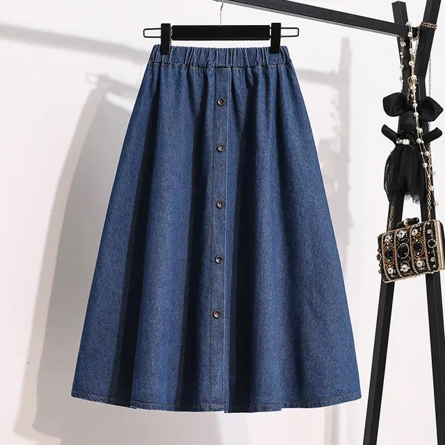 Plus Size Breasted Elastic Waist Blue Denim Skirt Dark Blue - Shop at LoveMi