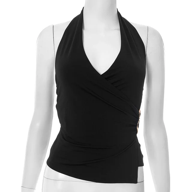 V neck Sleeveless Navel Pleated Suspender Top Black - Shop at LoveMi