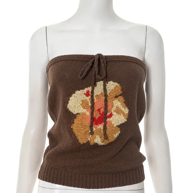 Solid Color Floral Tube Top Woolen Vest Top Brown - Shop at LoveMi