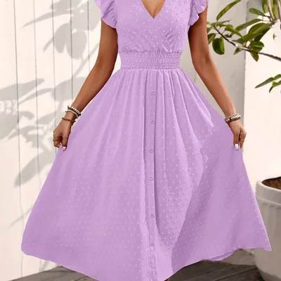 Elegant V neck Ruffled Sleeve Women's Summer Short Sleeve Maxi Dress Light Purple - Shop at LoveMi
