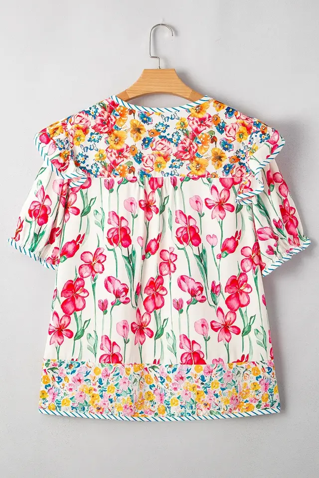 Plus Size Floral Print Striped Trim V Neck Blouse Pink - Shop at LoveMi