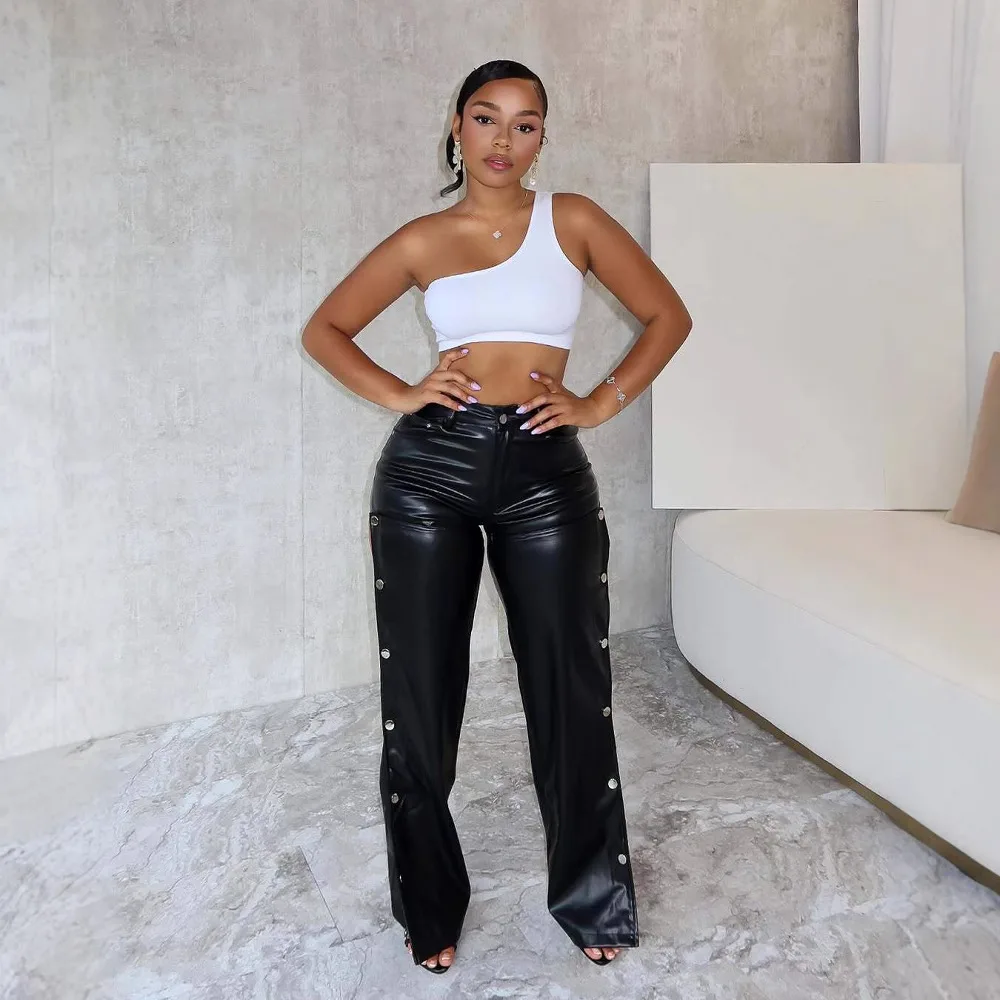 Fashion Sexy High Waist Slimming And Straight Hollow Leather Pants - Black