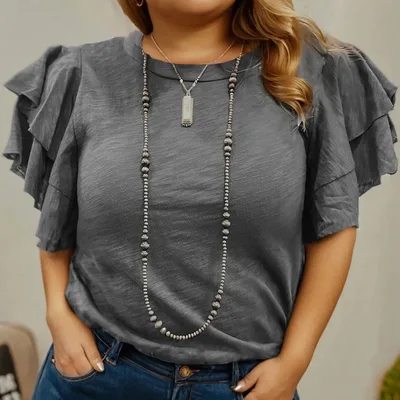 Dark Grey Double Ruffled Short Sleeve Plus Size Top Dark Grey - Shop at LoveMi