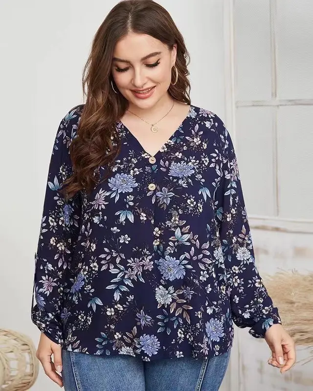 Fashion Plus Size Shirt Rayon Printed Women's Top Purplish Blue - Shop at LoveMi
