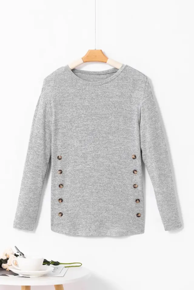 Gray Side Buttons Crew Neck Knit Top Grey - Shop at LoveMi