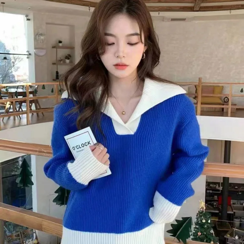 Contrast Color Polo Collar Soft Glutinous Sweater Women's Autumn And Winter - Blue - View 1