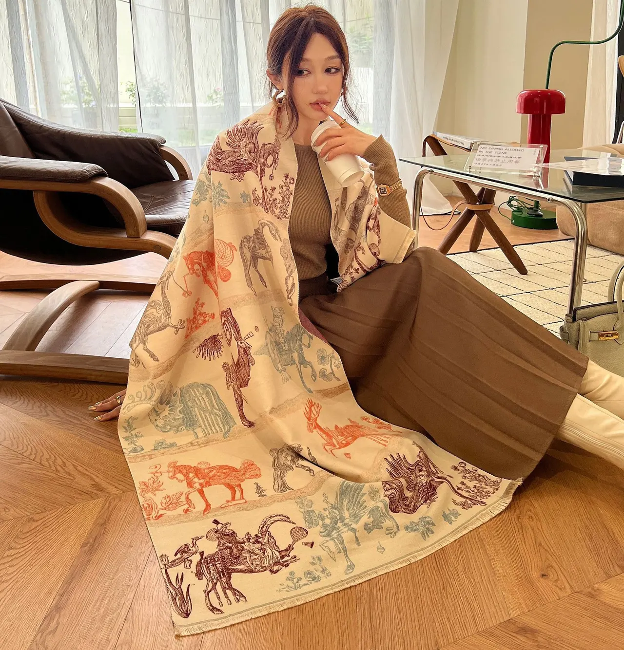 National Style Elegant Cashmere Scarf Double-sided Dual-use Jacquard Shawl - Green Orange Rice