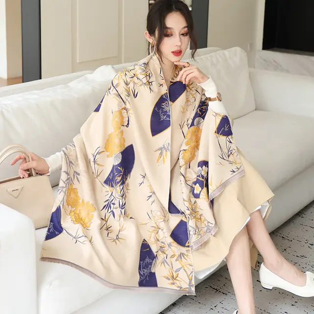 National Style Elegant Cashmere Scarf Double sided Dual use Jacquard Shawl National Color Cool White - Shop at LoveMi