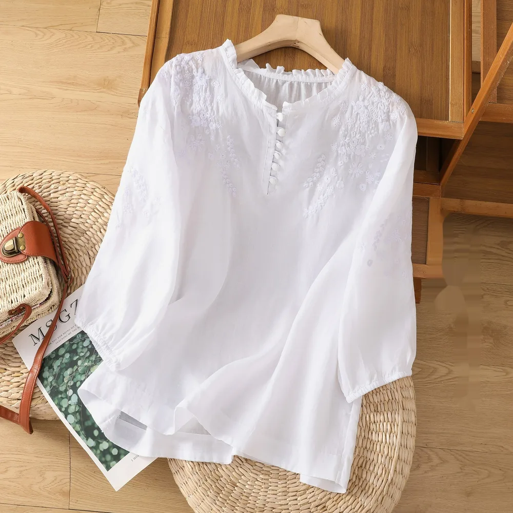 Ramie Women's Embroidered Lace Thin Cotton Linen Shirt White - Shop at LoveMi