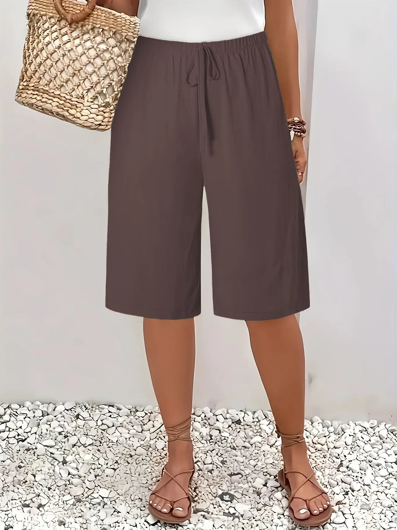 Women's Casual Fashion Solid Color Cropped Pants - Brown