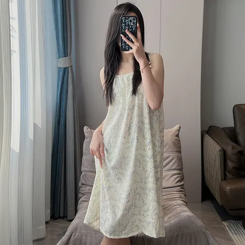 Women's Thin Plus Size Loose Slip Nightdress With Chest Pad Blue Leaf - Shop at LoveMi