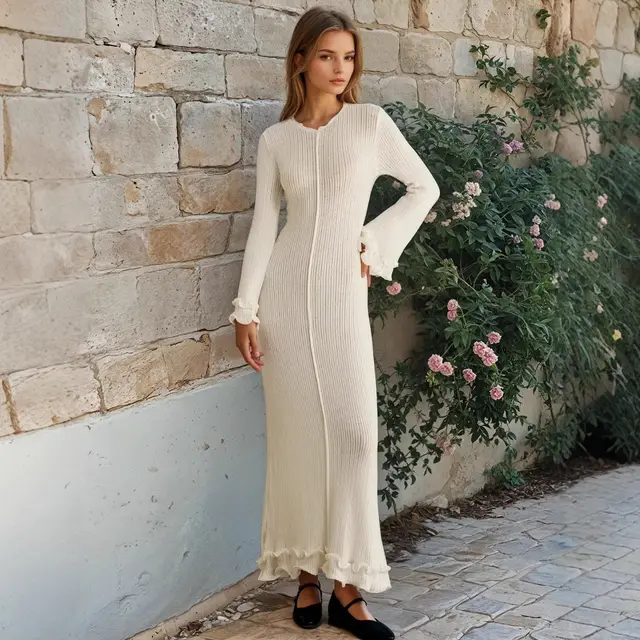 Women's Pleated Wavy Backless Lace up Long Sleeve Dress White - Shop at LoveMi