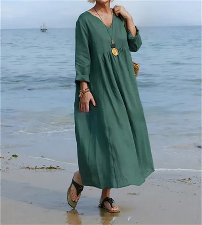 Cotton And Linen V neck Loose Fashion Solid Color Long Sleeve Dress Green - Shop at LoveMi