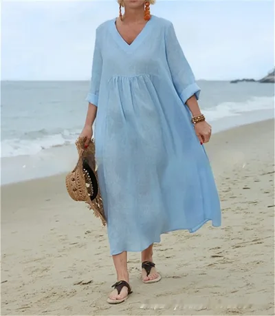 Cotton And Linen V neck Loose Fashion Solid Color Long Sleeve Dress Sky Blue - Shop at LoveMi