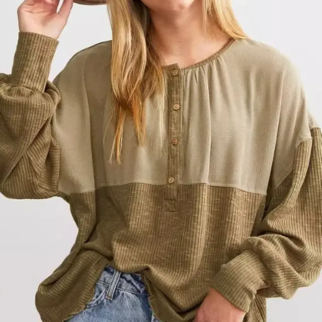 Khaki Ribbed Patchwork Drop Shoulder Buttoned Neckline Blouse Khaki - Shop at LoveMi