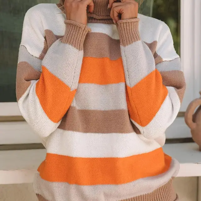 Multicolor Color Block Striped Knitted Drop Shoulder Turtleneck Sweater Multicolor - Shop at LoveMi