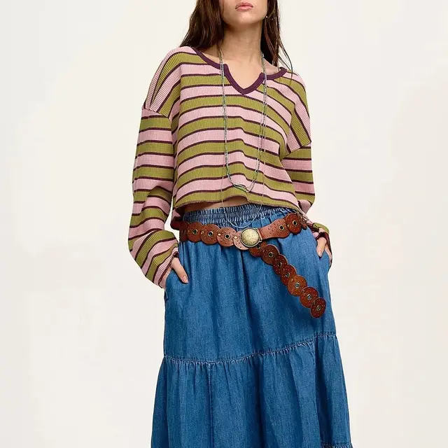 Spinach Green Clashing Stripes Waffle Texture Notched Neck Long Sleeve Top Spinach Green - Shop at LoveMi