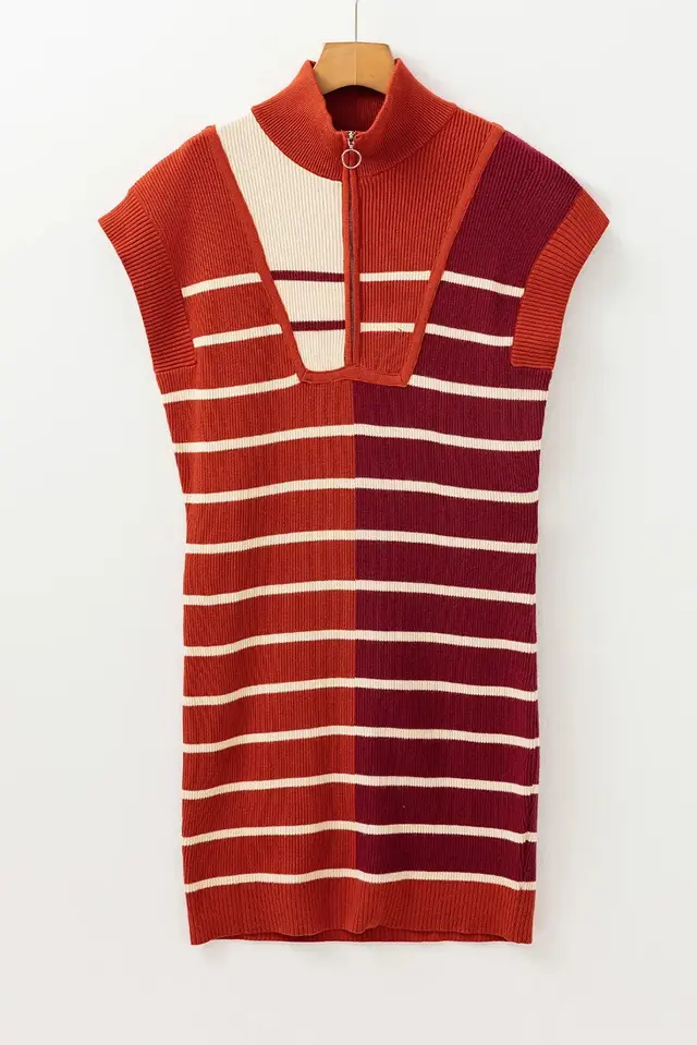 Brown Stripe Color Block Quarter Zip Collar Short Sleeve Sweater Dress Brown Stripe - Shop at LoveMi