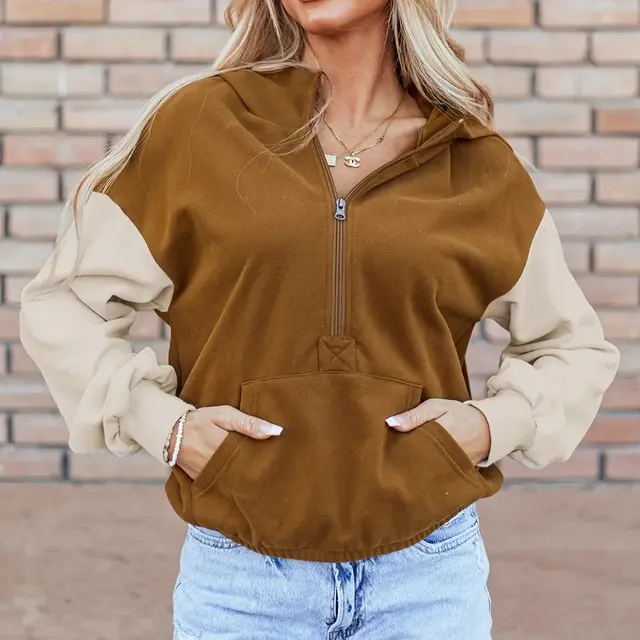 Chestnut Color Block Half Zip Kangaroo Pocketed Hoodie Chestnut - Shop at LoveMi