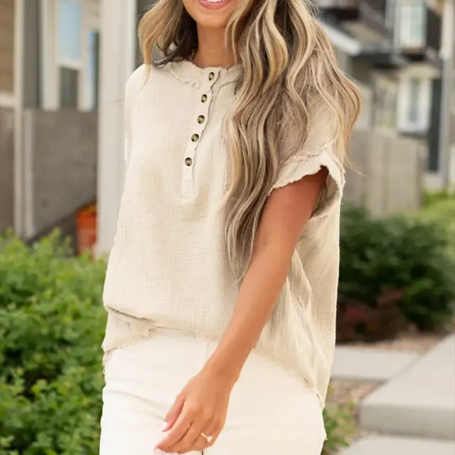 Parchment Crinkle Textured Frayed Trim Half Button Short Sleeve Top Parchment - Shop at LoveMi