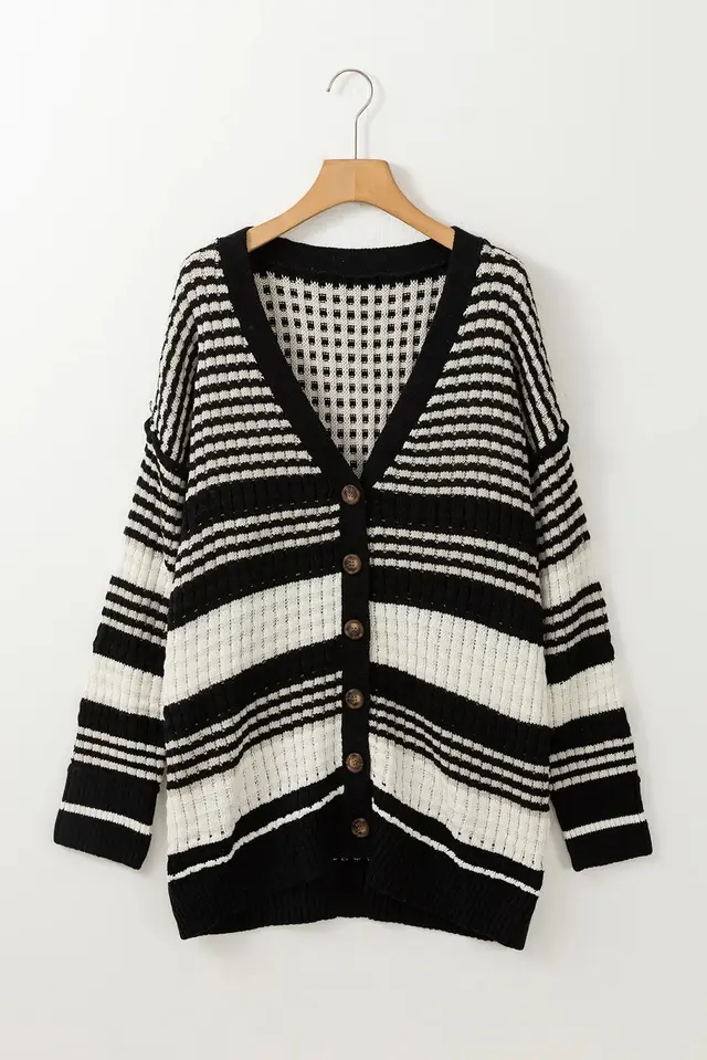 Black Colorblock Textured Knit Buttoned Cardigan Black - Shop at LoveMi
