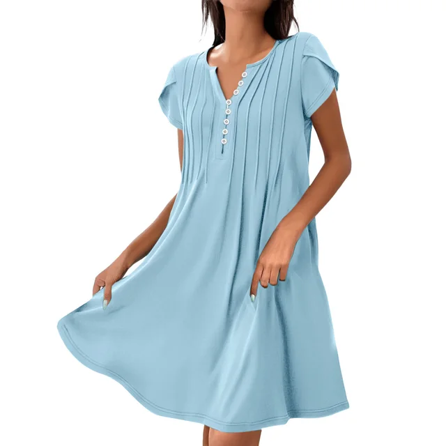 V neck Solid Color Pullover Comfort And Casual Button Dress Light Blue - Shop at LoveMi