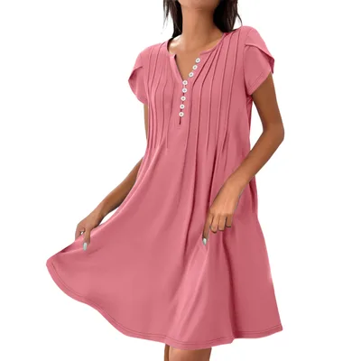 V neck Solid Color Pullover Comfort And Casual Button Dress Peach M - Shop at LoveMi