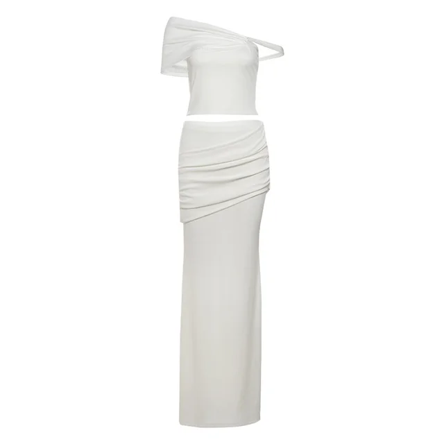 Solid Color Creative Slim fit Oblique Shoulder Long Dress Suit Women White - Shop at LoveMi