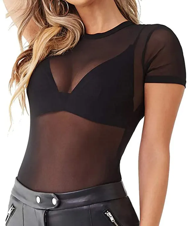 See through Underwear Vest Bottoming Shirt Mesh Sexy Round Neck Lace Short Sleeve Mesh Black - Shop at LoveMi