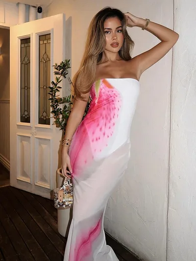 European And American Flower Chiffon Tube Top Long Dress White - Shop at LoveMi