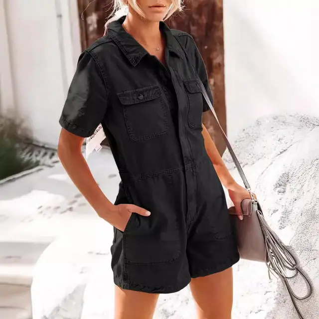Fashion Casual Loose Denim Workwear Short Sleeve Jumpsuit Black - Shop at LoveMi