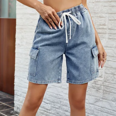 Washed Tied Elastic Waist Five point Denim Shorts Blue - Shop at LoveMi