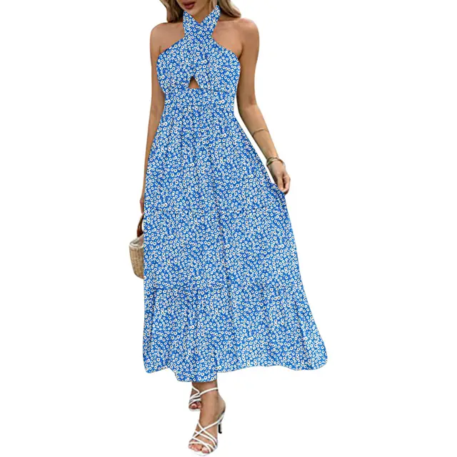 Sense Backless Halter Strap Printing Dress Blue White Flowers - Shop at LoveMi