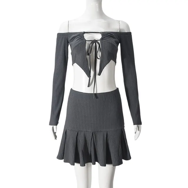 Female Hollowed Out One Collar Tied Top And Short Skirt Set Gray - Shop at LoveMi