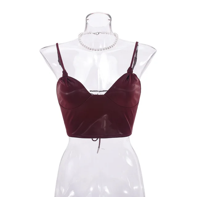 Female Irregular Back Strap PU Glossy Elastic Chest Strap Wine Red - Shop at LoveMi