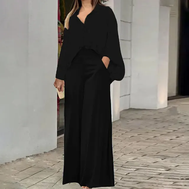 Loose And Elegant Casual Printed Shirt Top Wide Leg Pants Fashion Suit Black - Shop at LoveMi