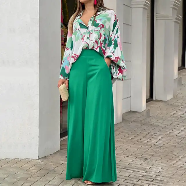 Loose And Elegant Casual Printed Shirt Top Wide Leg Pants Fashion Suit Green - Shop at LoveMi