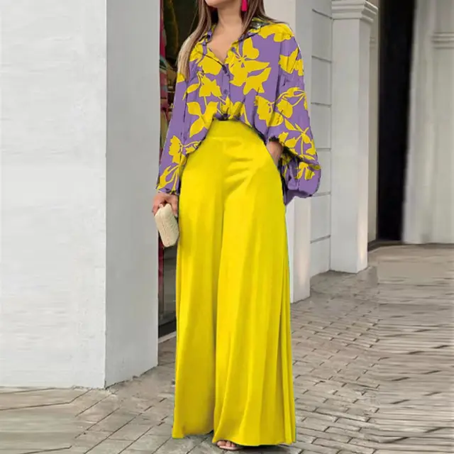 Loose And Elegant Casual Printed Shirt Top Wide Leg Pants Fashion Suit Yellow - Shop at LoveMi