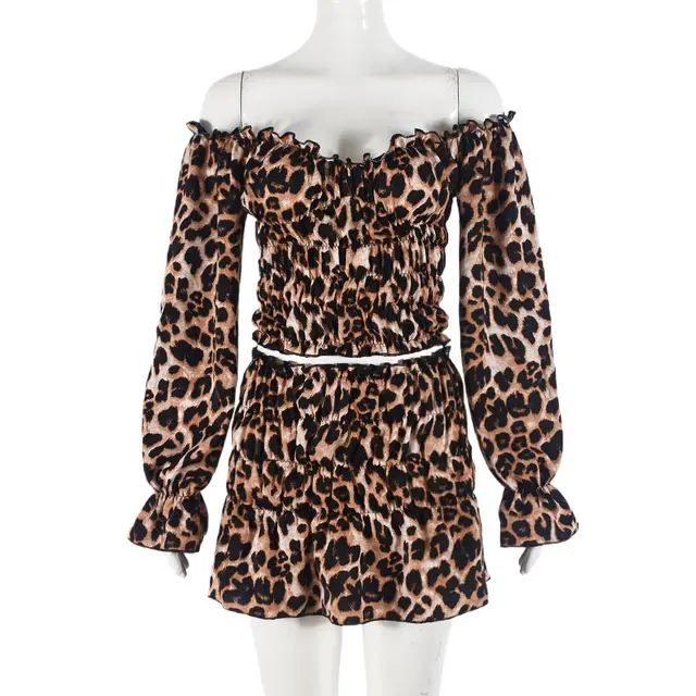 Autumn And Winter Show Navel Leopard Print Long Sleeved Short Skirt Two piece Set Leopard Print - Shop at LoveMi