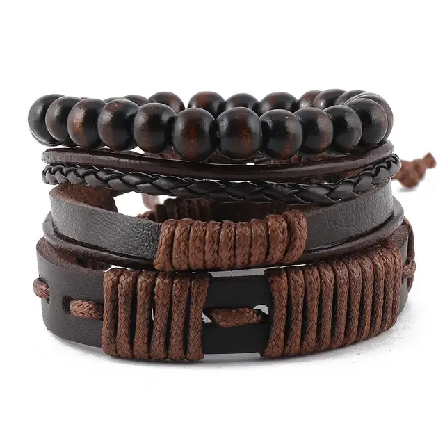 Simple Material Wax Rope PU Leather Bracelet Suit Brown - Shop at LoveMi