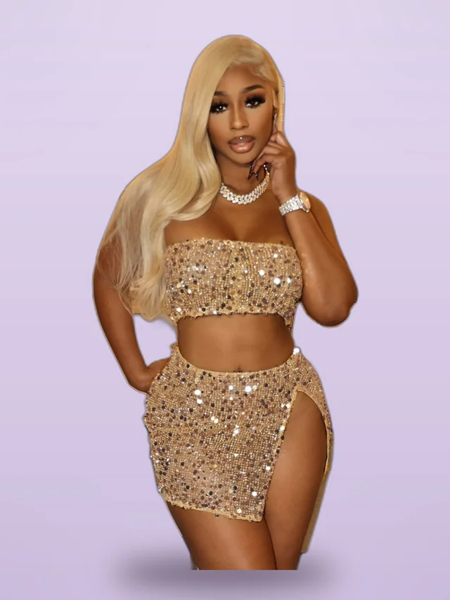 Exposed Navel Backless Slit European And American Sequins Strapless Dress Suit Women Champagne - Shop at LoveMi