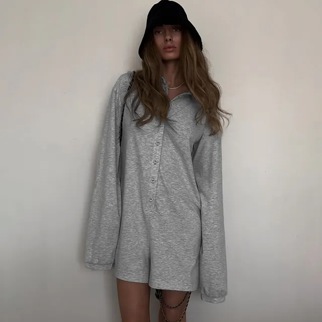 Women's Solid Color Simple Lapel Casual Loose Breasted Jumpsuit Gray - Shop at LoveMi